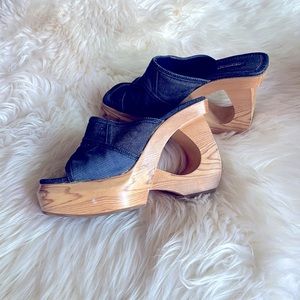 Splash Denim wood platform wedges